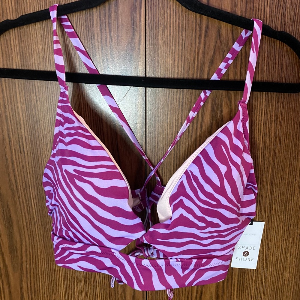 Shade & Shore Bikini Top Womens 36C Purple Zebra Print Cutout Longline Swimwear